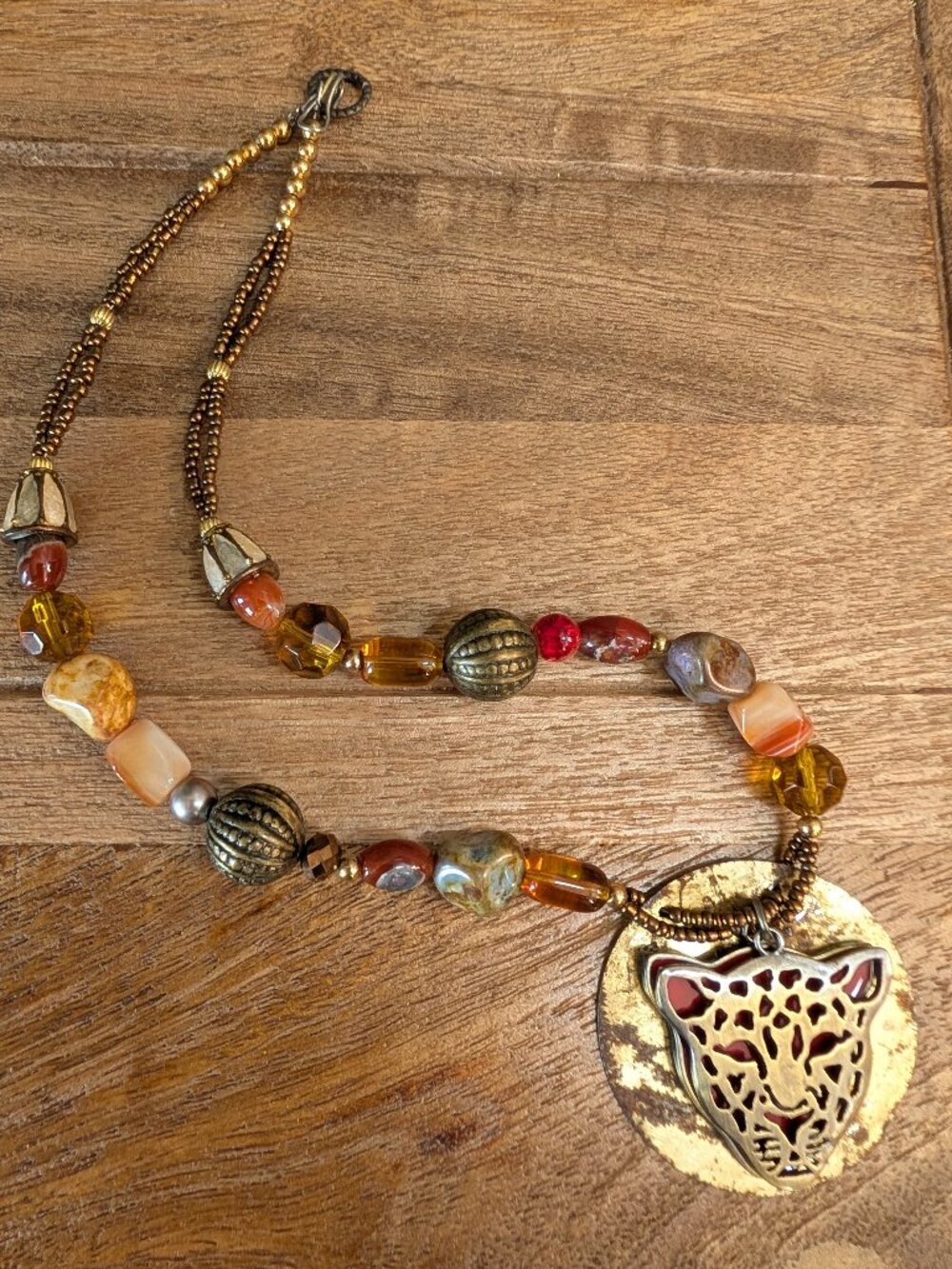 Boho Golden Leopard & Natural Gemstone Statement Necklace